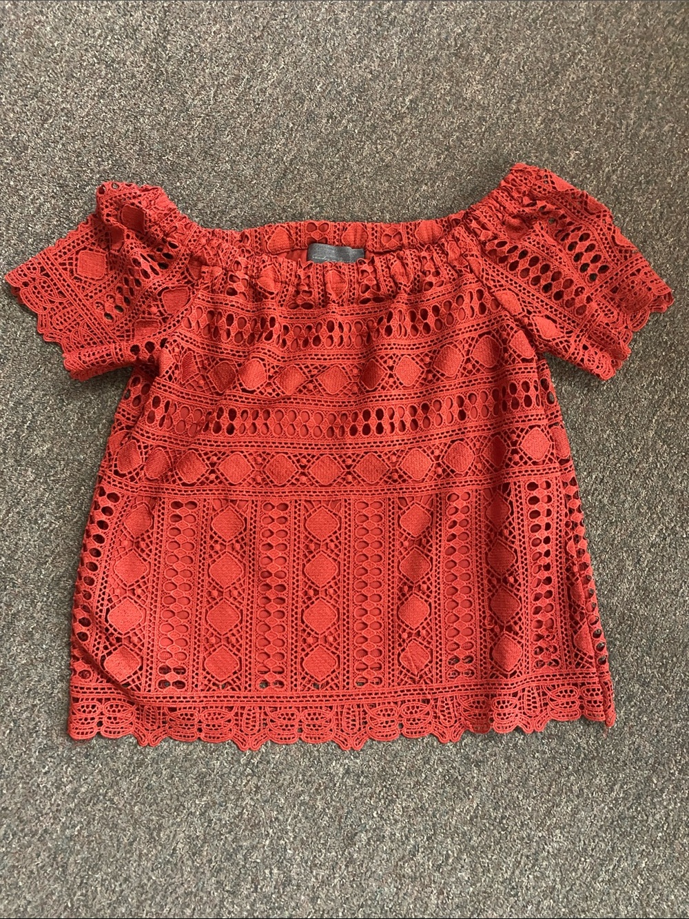 Sunday in Brooklyn Rust Off-Shoulder Crochet Lace Blouse
